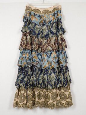 FARM RIO Mixed Scarves Ruffle Maxi Skirt S